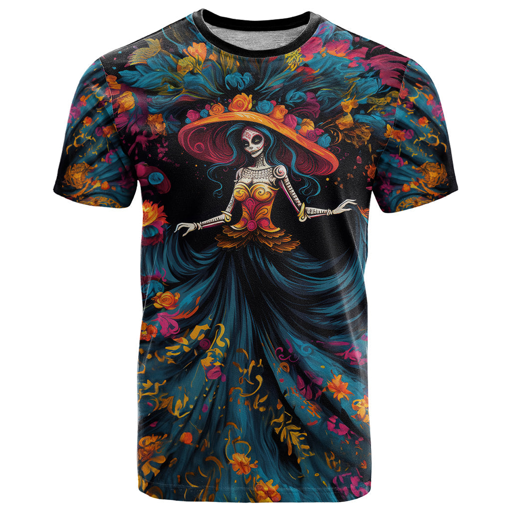 Day of Dead Lady T-Shirt Sugar Skull Lady Dancing Graphic Tee