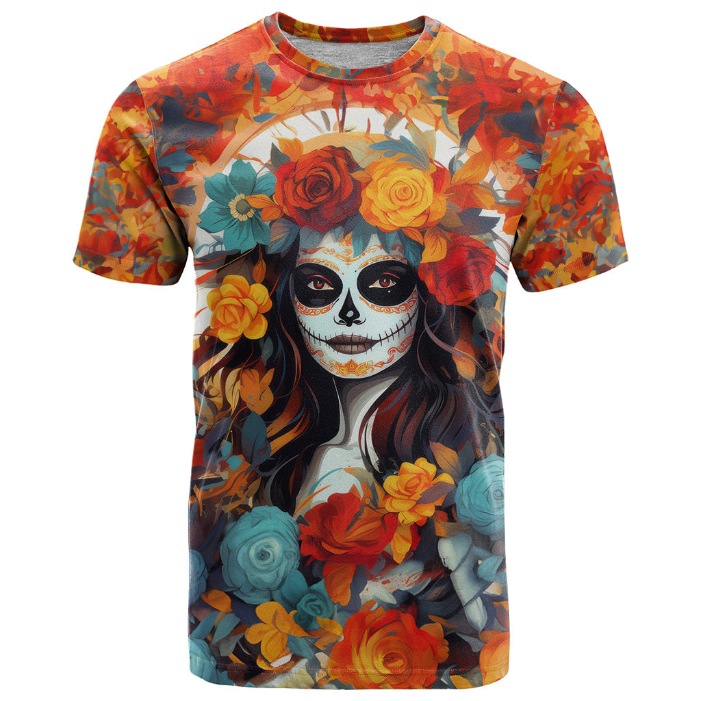 Day of Dead Lady T-Shirt Sugar Skull Field Rose Lady Graphic Tee