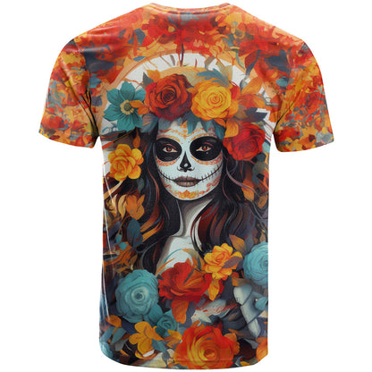 Day of Dead Lady T-Shirt Sugar Skull Field Rose Lady Graphic Tee
