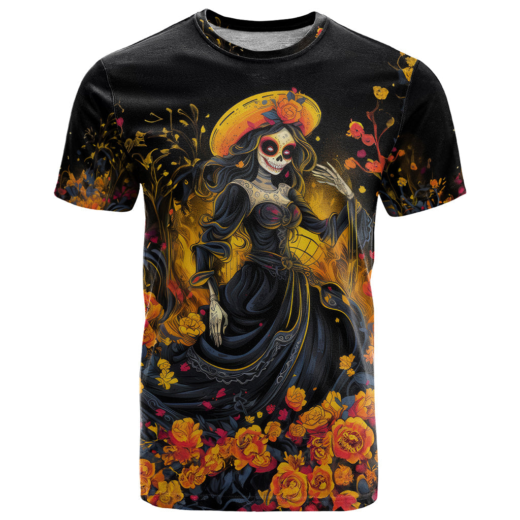 Day of Dead Lady T-Shirt Sugar Skull Field Marigold Lady Graphic Tee
