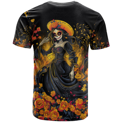 Day of Dead Lady T-Shirt Sugar Skull Field Marigold Lady Graphic Tee