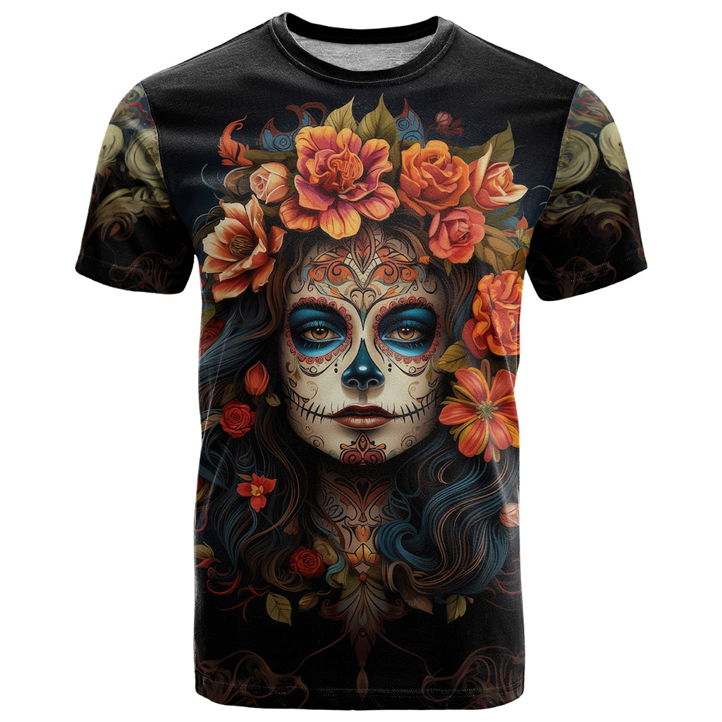 Day of Dead Lady T-Shirt Sugar Skull Rose Lady Graphic Tee