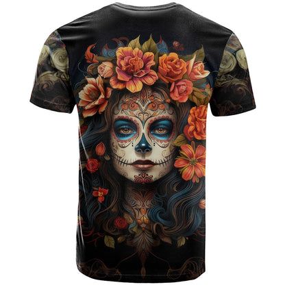 Day of Dead Lady T-Shirt Sugar Skull Rose Lady Graphic Tee