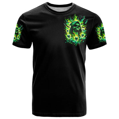 Flame Skull T-Shirt Heaven Don't Want Me Hell Afraid I Take Over Graphic Tee