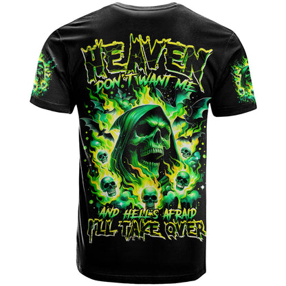 Flame Skull T-Shirt Heaven Don't Want Me Hell Afraid I Take Over Graphic Tee
