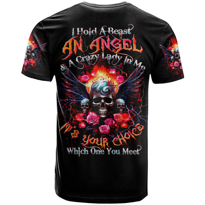 Rose Skull T-Shirt I Hold A Beast A Angel And A Crazy Lady In Me Graphic Tee