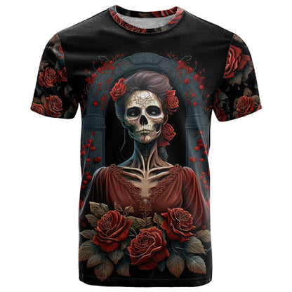 Day of Dead Lady T-Shirt Sugar Skull Rose Lady Graphic Tee