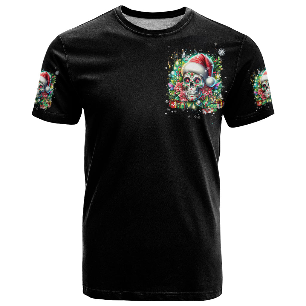 Christmas Skull T-Shirt On The Naughty List I Regret Nothing Graphic Tee