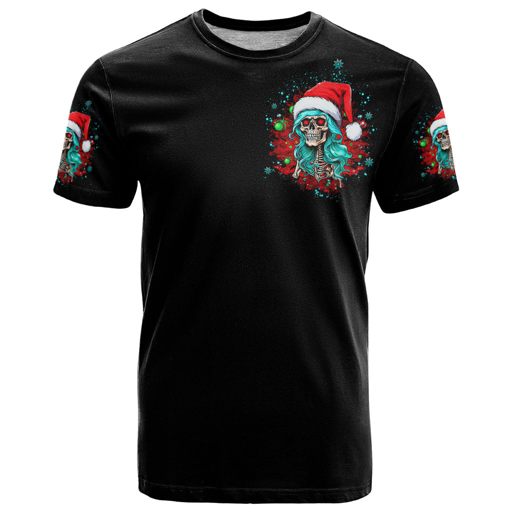 Christmas Skull Lady T-Shirt On The Naughty List I Regret Nothing Graphic Tee