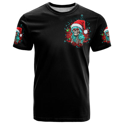 Christmas Skull Lady T-Shirt On The Naughty List I Regret Nothing Graphic Tee