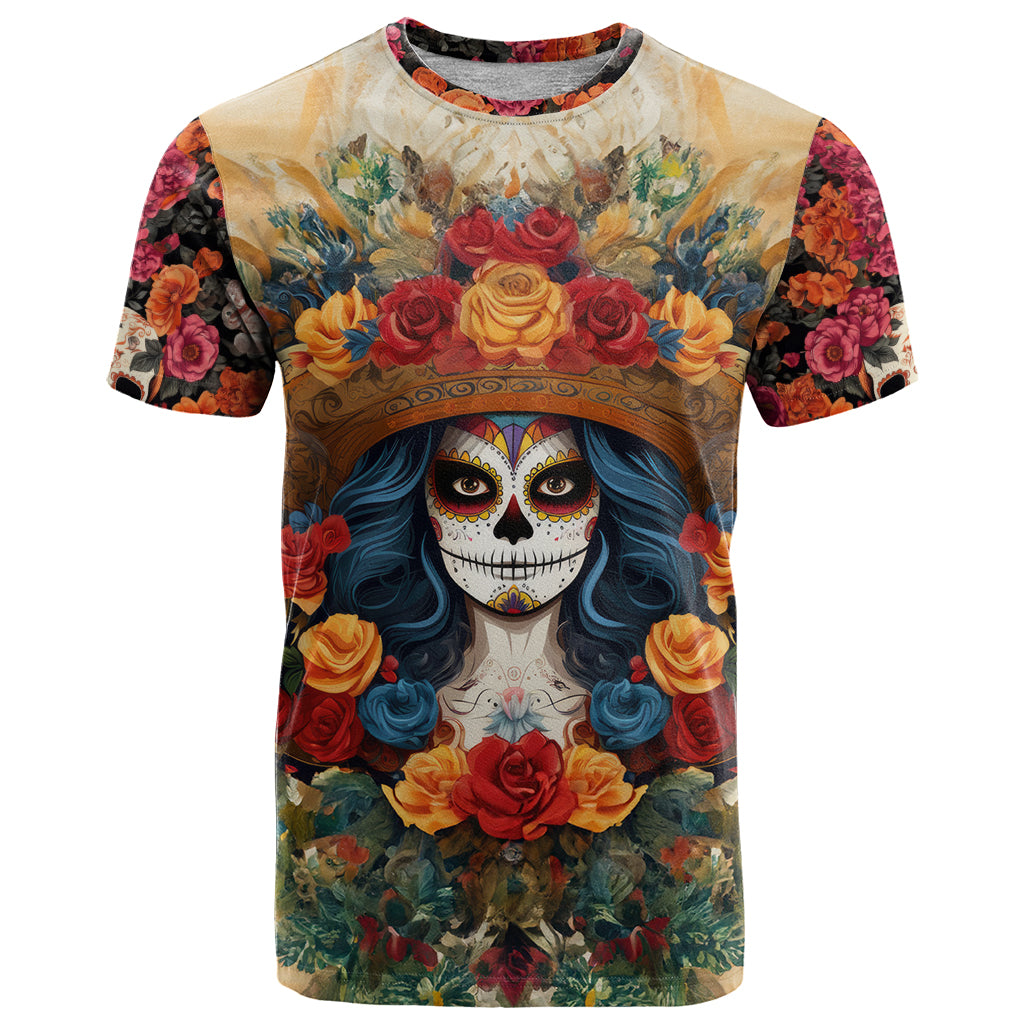 Day of Dead Lady T-Shirt Sugar Skull Field Rose Lady Graphic Tee