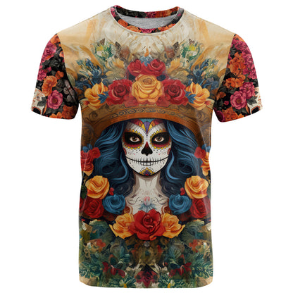 Day of Dead Lady T-Shirt Sugar Skull Field Rose Lady Graphic Tee