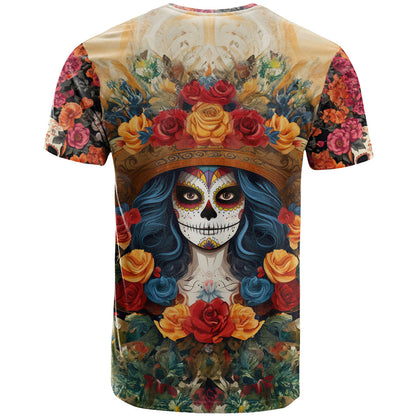 Day of Dead Lady T-Shirt Sugar Skull Field Rose Lady Graphic Tee