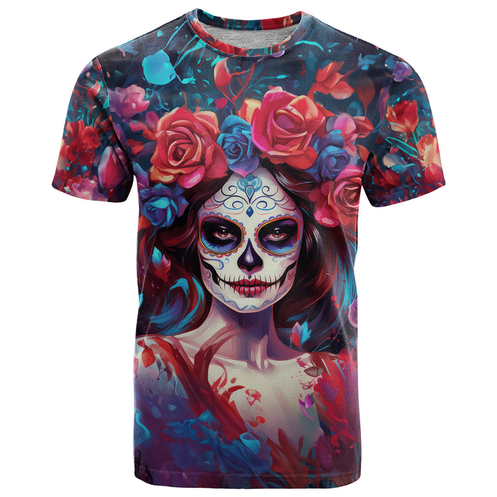 Day of Dead Lady T-Shirt Sugar Skull Field Rose Lady Graphic Tee