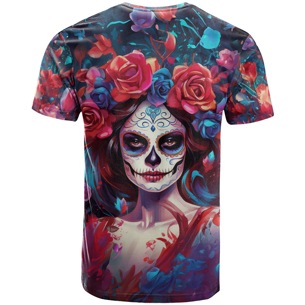 Day of Dead Lady T-Shirt Sugar Skull Field Rose Lady Graphic Tee