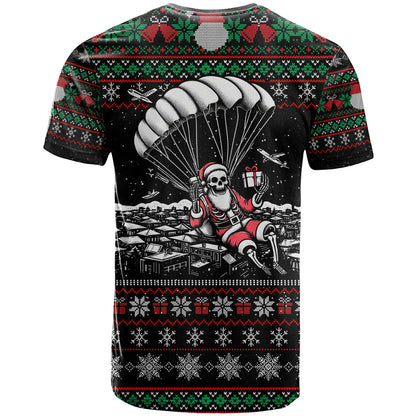 Christmas Skull T-Shirt Santa Skull Jumps In Parachute Graphic Tee