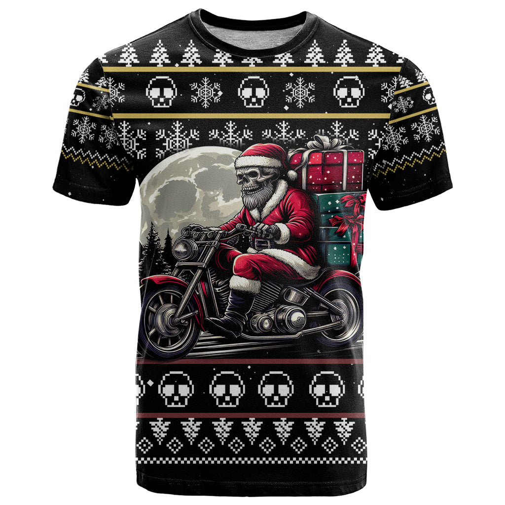 Christmas Skull T-Shirt Santa Skull Ride Motorbike Graphic Tee