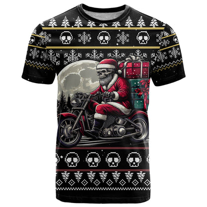 Christmas Skull T-Shirt Santa Skull Ride Motorbike Graphic Tee