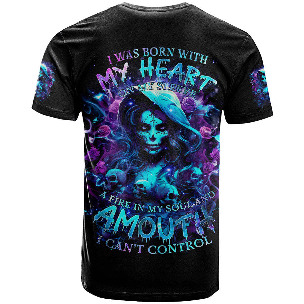 Witch Skull T-Shirt I Was Born With My Heart On My Sleeve A Fire In My Soul And Amout Can't Control Graphic Tee