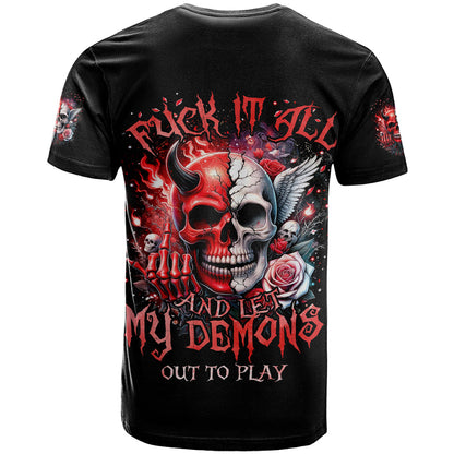 Evil Angel Skull T-Shirt Fuck It All And Let My Demons Out To Play Graphic Tee