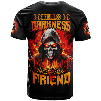 Flame Skull T-Shirt Hello Darkness My Old Friend Graphic Tee