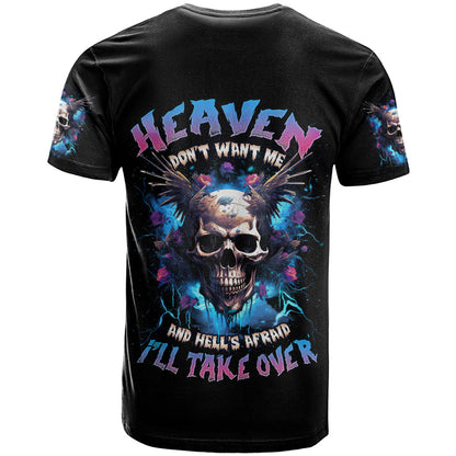 Wings Skull T-Shirt Heaven Don't Want Me Hell Afraid I Take Over Graphic Tee