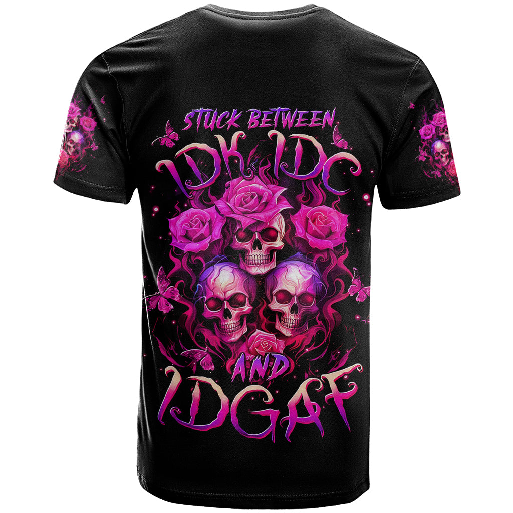 Three Rose Skull T-Shirt Stuck Between Idk Idc And Idgaf Graphic Tee