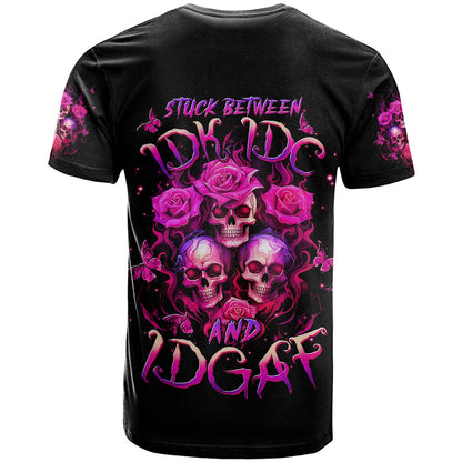 Three Rose Skull T-Shirt Stuck Between Idk Idc And Idgaf Graphic Tee
