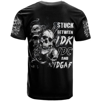 Three Skull T-Shirt Stuck Between Idk Idc And Idgaf Graphic Tee