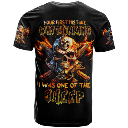 Fire Gun Skull T-Shirt Your First Mistake Was Thinking I Was One Of The Sheep Graphic Tee