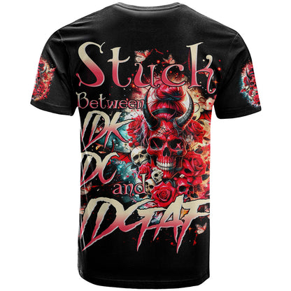 Devil Skull T-Shirt Stuck Between IDK IDC and IDGAF Graphic Tee
