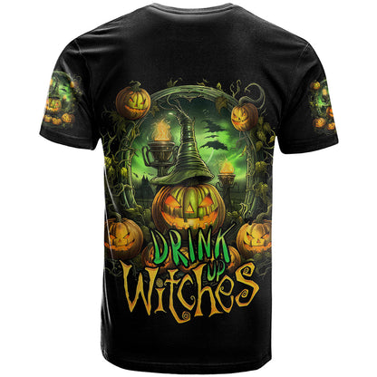Pumpkin Skull T-Shirt Drink Up Witches Graphic Tee