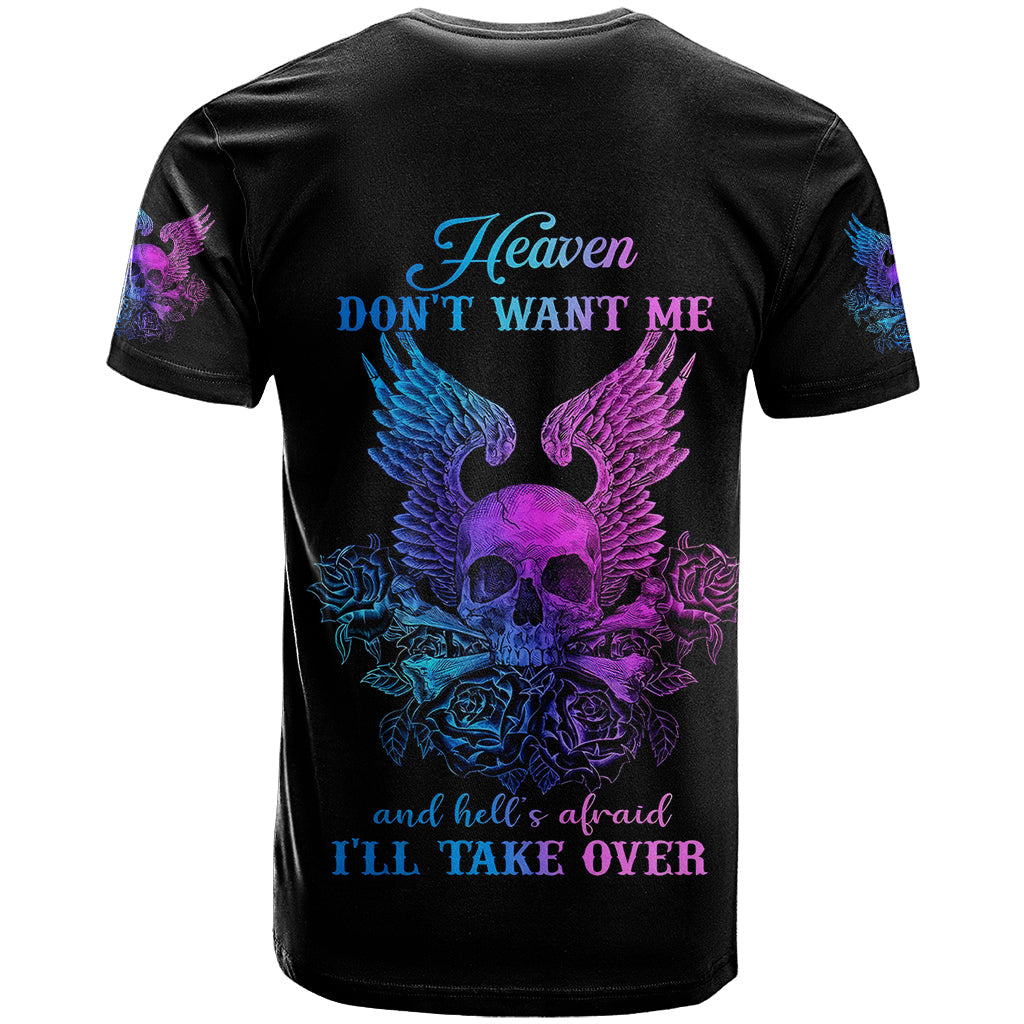 Wings Skull T-Shirt Heaven Don't Want Me Hell Afraid I Take Over Graphic Tee