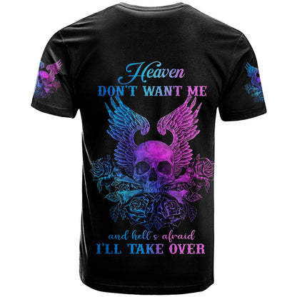 Wings Skull T-Shirt Heaven Don't Want Me Hell Afraid I Take Over Graphic Tee