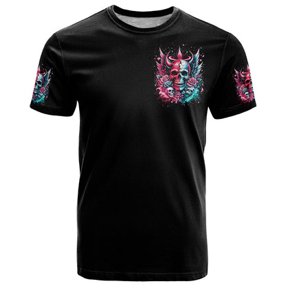 Couple Skull T-Shirt She Was And Angel Craving Chaos Demon Seeking Peace Graphic Tee