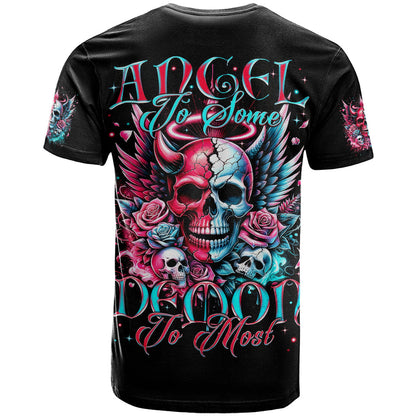 Couple Skull T-Shirt She Was And Angel Craving Chaos Demon Seeking Peace Graphic Tee