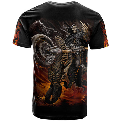 Flaming Skull T-Shirt Death Angel Riding Motocycle Graphic Tee