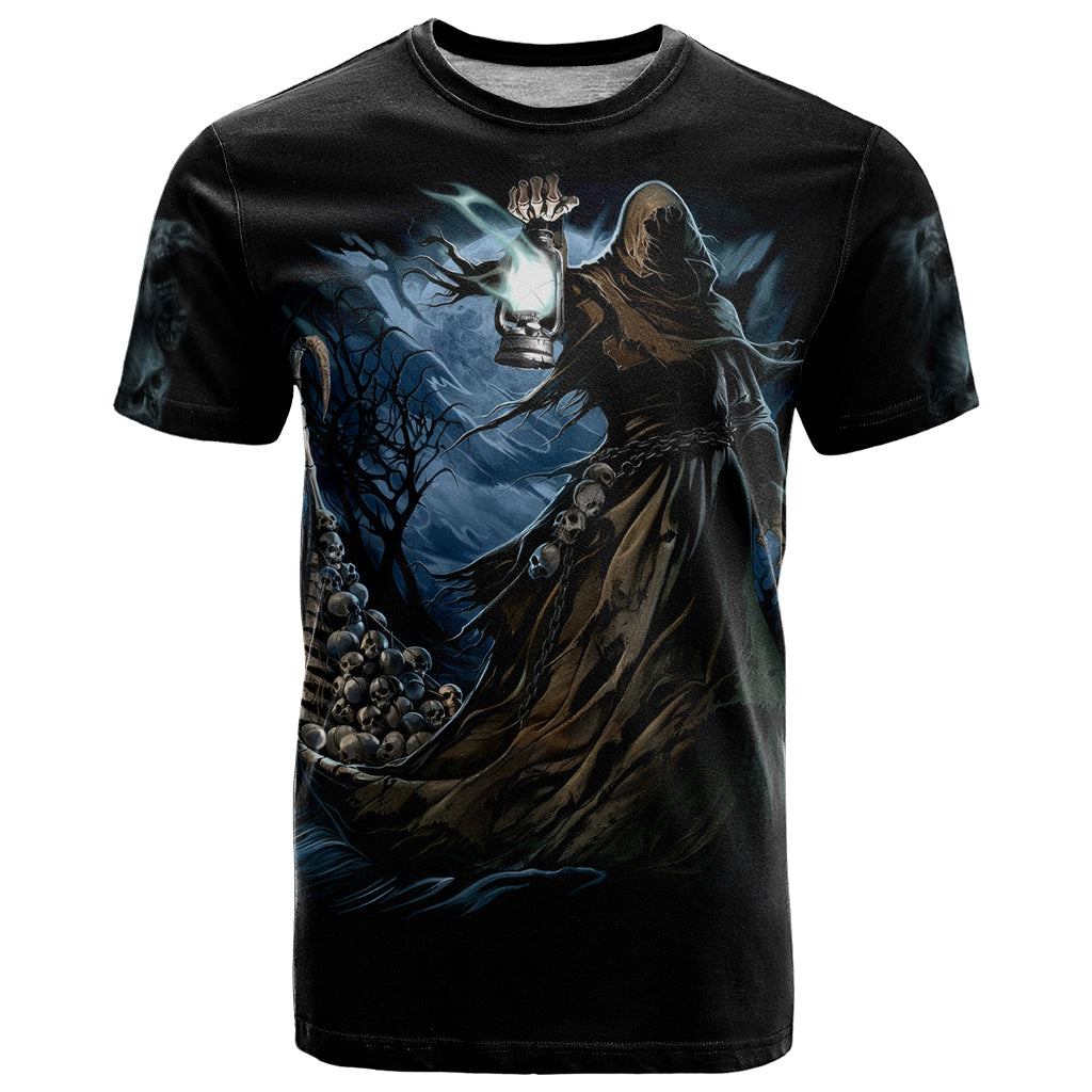 Grim Reaper T-Shirt The Ferryman Of The Underworld with Charon Skull Black Graphic Tee