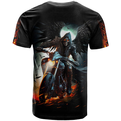 Flaming Skull T-Shirt Celestial Riders with Angel Wings Graphic Tee