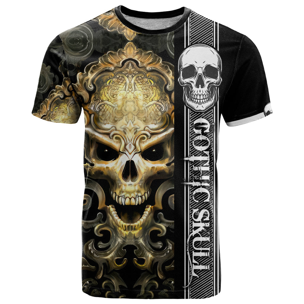 Golden Gothic Skull T-Shirt Embracing Ancient Elegance Graphic Tee