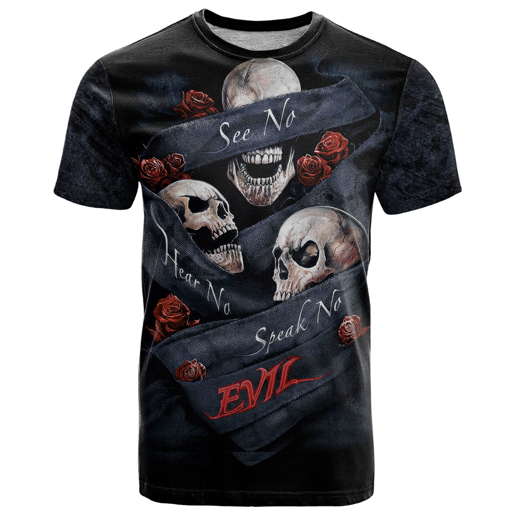 Skull T-Shirt No See Evil Red Rose Jean Graphic Tee