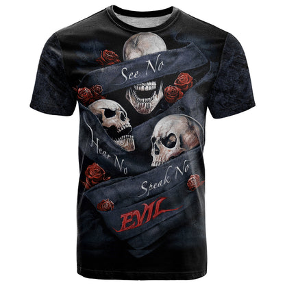 Skull T-Shirt No See Evil Red Rose Jean Graphic Tee