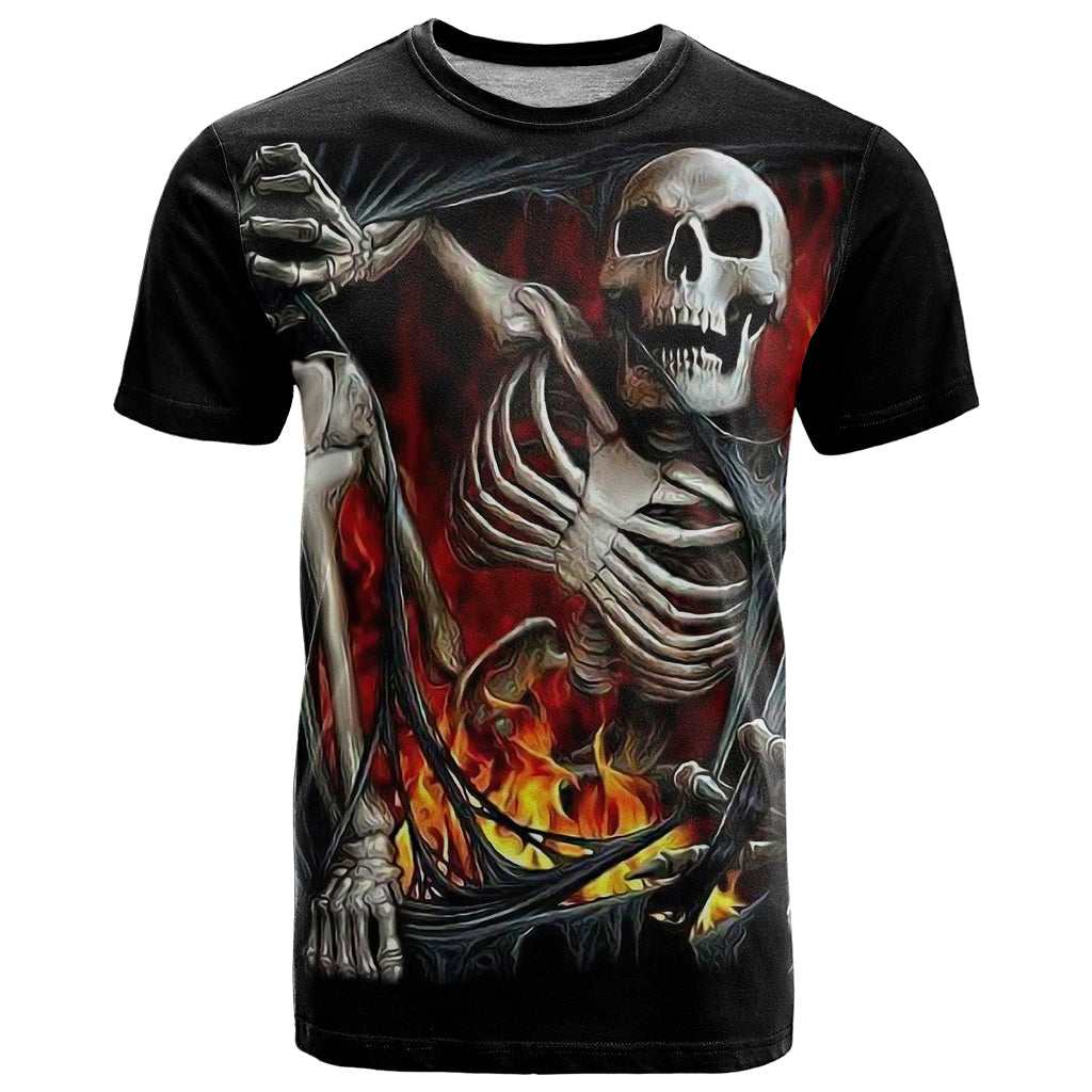 Skull T-Shirt Skeleton Ripped Inside Flame Graphic Tee