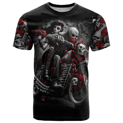 Skull T-Shirt Riding Motocycle Girl Rose Graphic Tee