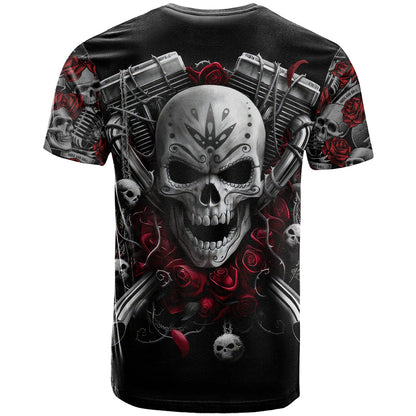 Skull T-Shirt Riding Motocycle Girl Rose Graphic Tee
