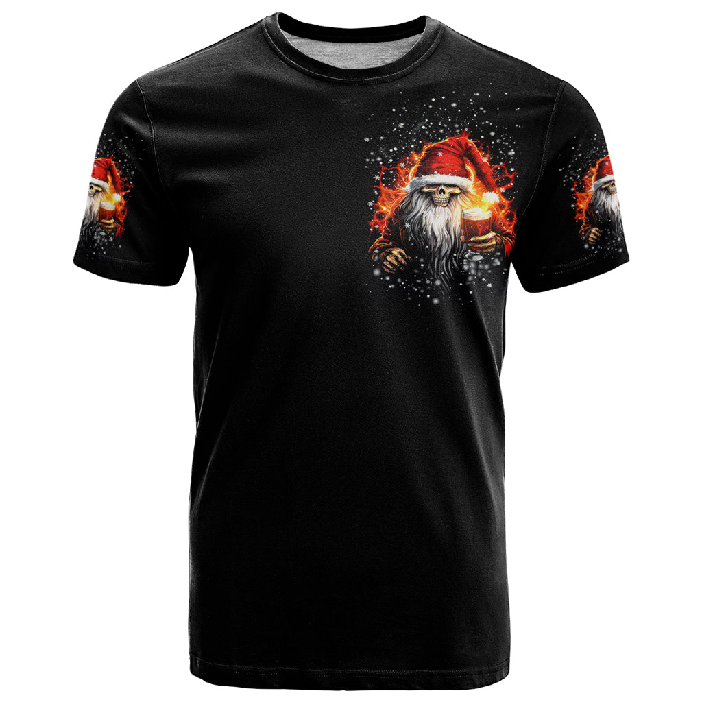 Skeleton Santa Claus T-Shirt The Devil Whispered To Me I'm Coming For You I Whisper Back Bring Beer Graphic Tee