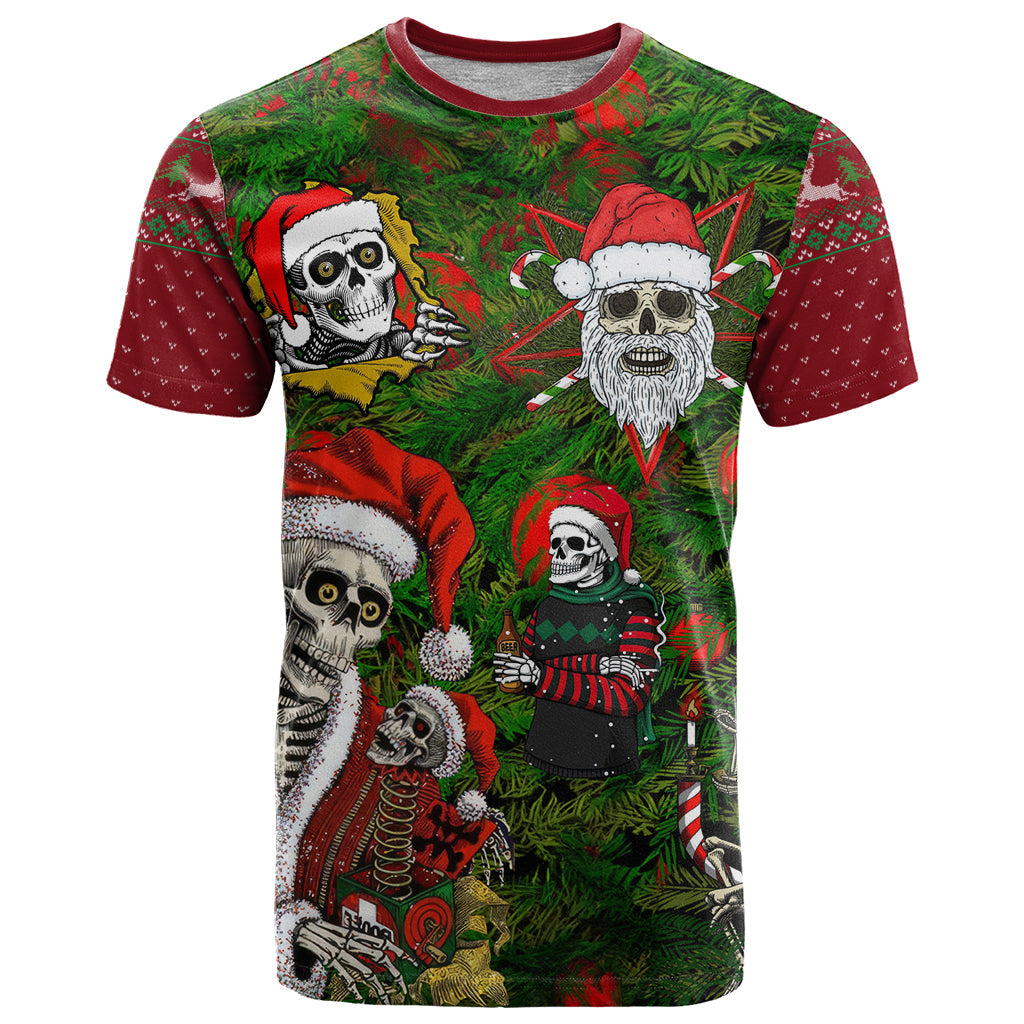 Skeleton Santa Claus T-Shirt Multi Skeleton Santa Pattern Ugly Christmas Graphic Tee