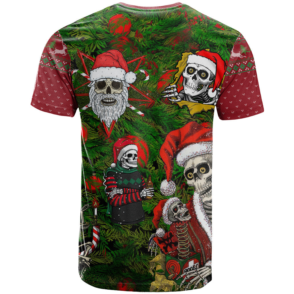 Skeleton Santa Claus T-Shirt Multi Skeleton Santa Pattern Ugly Christmas Graphic Tee