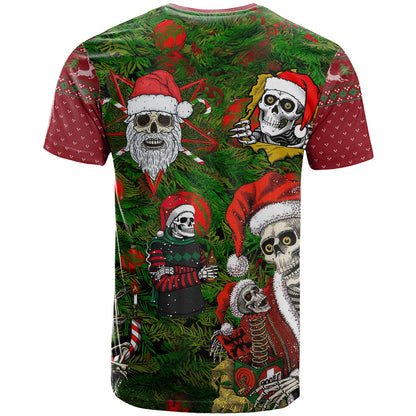 Skeleton Santa Claus T-Shirt Multi Skeleton Santa Pattern Ugly Christmas Graphic Tee
