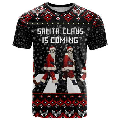 Skeleton Santa Claus T-Shirt Santa Claus Is Coming Cross Street Graphic Tee